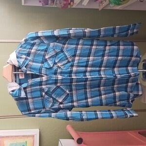 Blue Plaid Flannel with detachable Grey Sweatshirt hood.